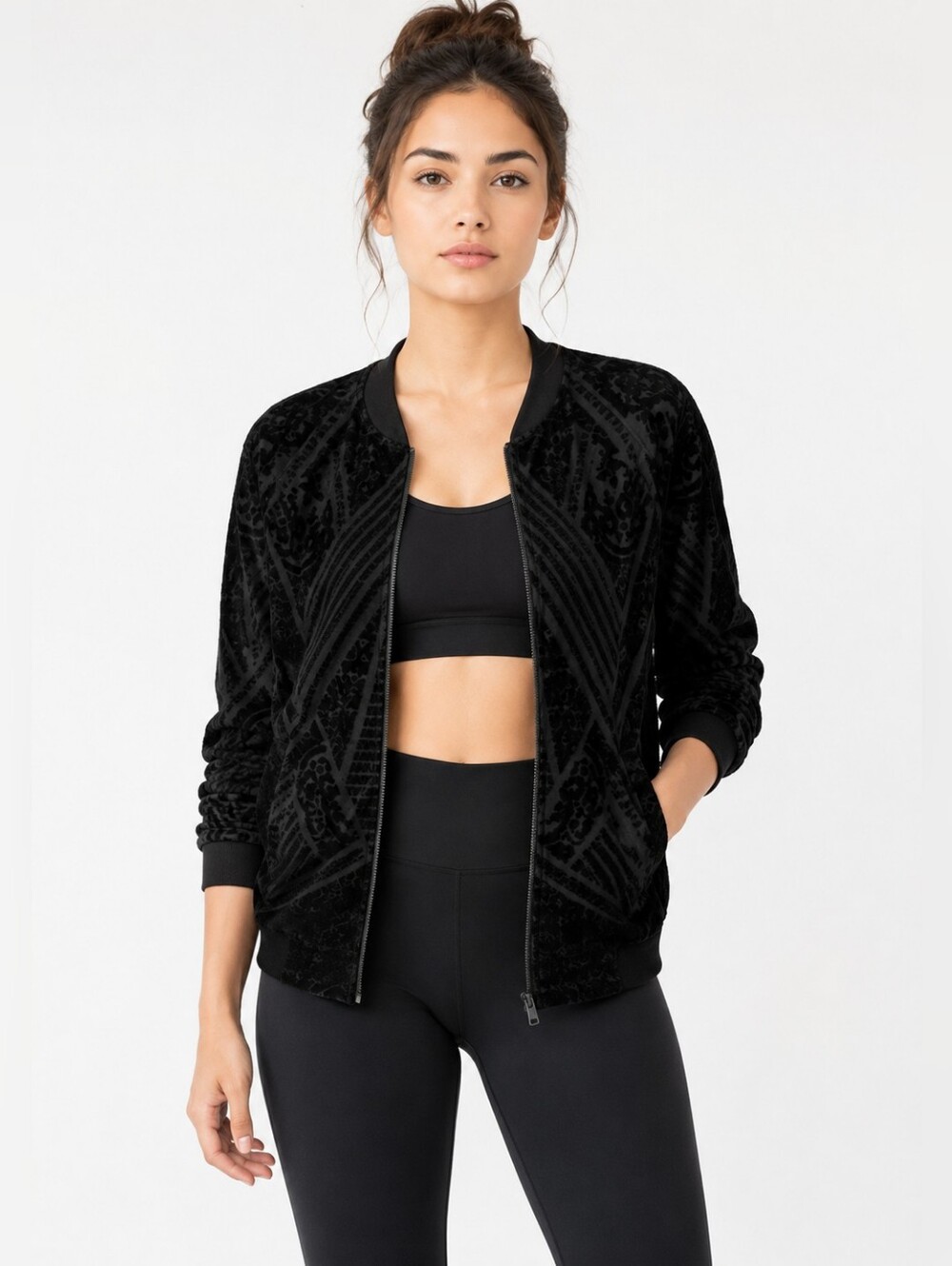 🌌 Velvet Zip Up Bomber Jacket With Pockets